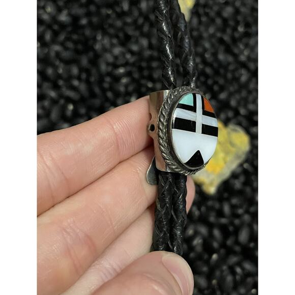 Vintage Sterling Inlaid Zuni Sun Face Turquoise Coral Onyx Mop Bolo Tie Necklace - Picture 3 of 9